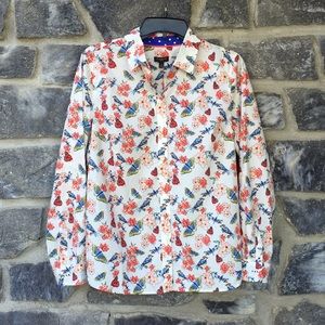 Talbots Floral Bird Print Button Up Blouse Long Sleeve Size PL